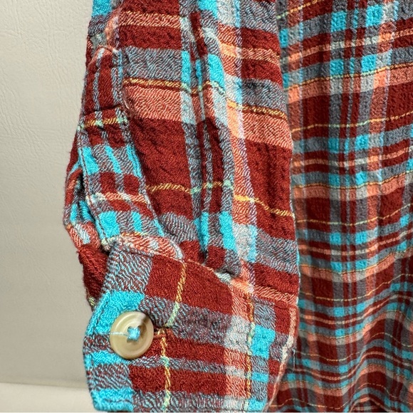 Pilcro LongLine Plaid Button Down Anthropologie Terracotta Turquoise festival  S - Picture 8 of 12
